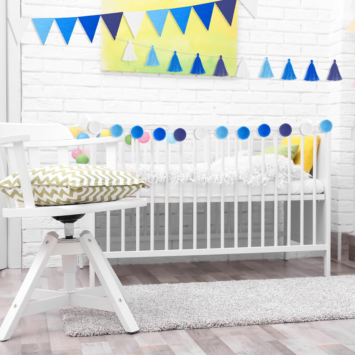 Irenare 9.8 ft Pom Pom Garland Felt Colorful Tassel Banner Christmas Party Pompoms Garland Decorations Felt Pennant Banner for Classroom Home Mantel Fireplace Birthday(Blue)