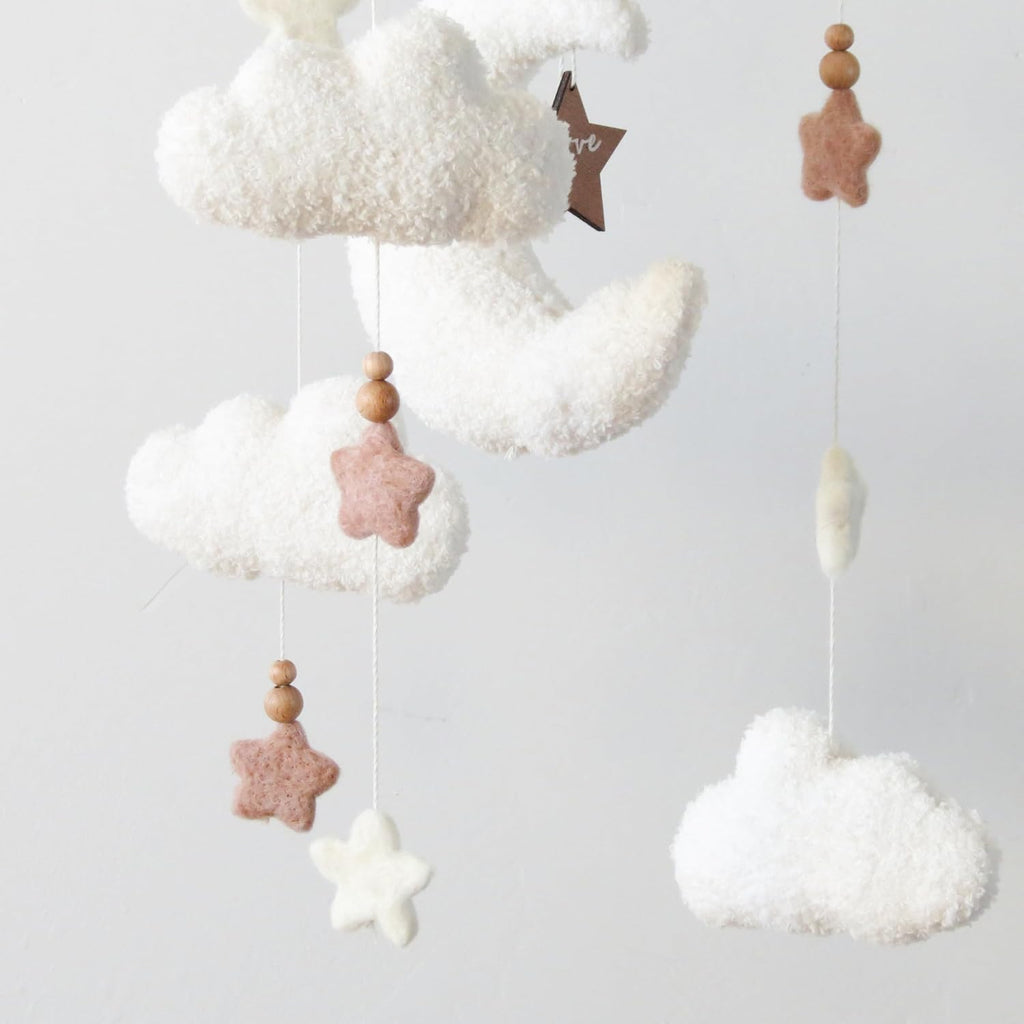 Cloud Moon Crib Mobile Cloud Baby Mobile for Crib Neutral Boho Clouds and Stars Moon Mobile Boucle Mobile, coffee 3
