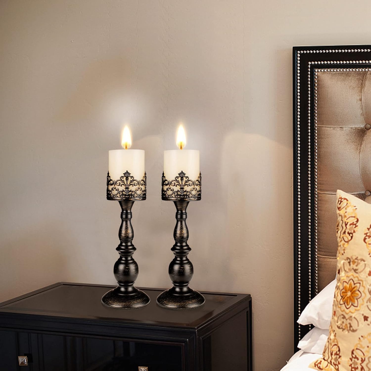 Candle Holders for Pillar Candles Gothic Matte Black Vintage Tall Candle Holders Set of 2 Decorative Large Table Centerpieces Candle Stand Decor (Distressed Black 2PCS A)