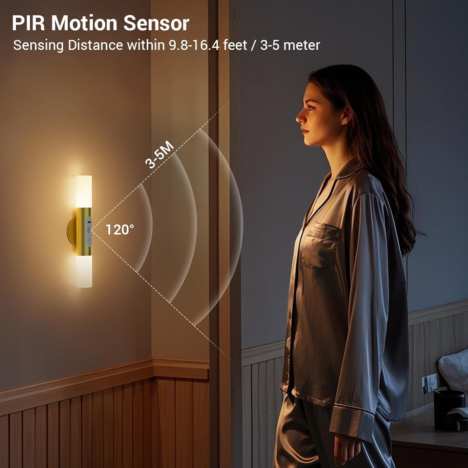 Motion Sensor Wall Sconces with Remote Control, LED Rechargeable Battery Operated Wall Lights Set of Two for Living Room, Indoor Wireless Wall Lamps for Bedroom, Hallway, Stair, Gold 2 Pack