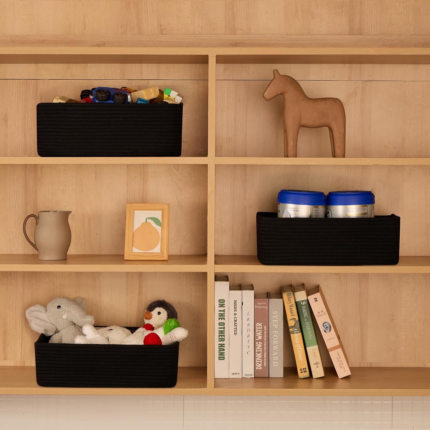 Large Shallow Organizing Baskets 15x11x5.1 Inches - Rope Woven Storage Bins for Bathroom, Shelves, Cube Closet, Black 2 Packs