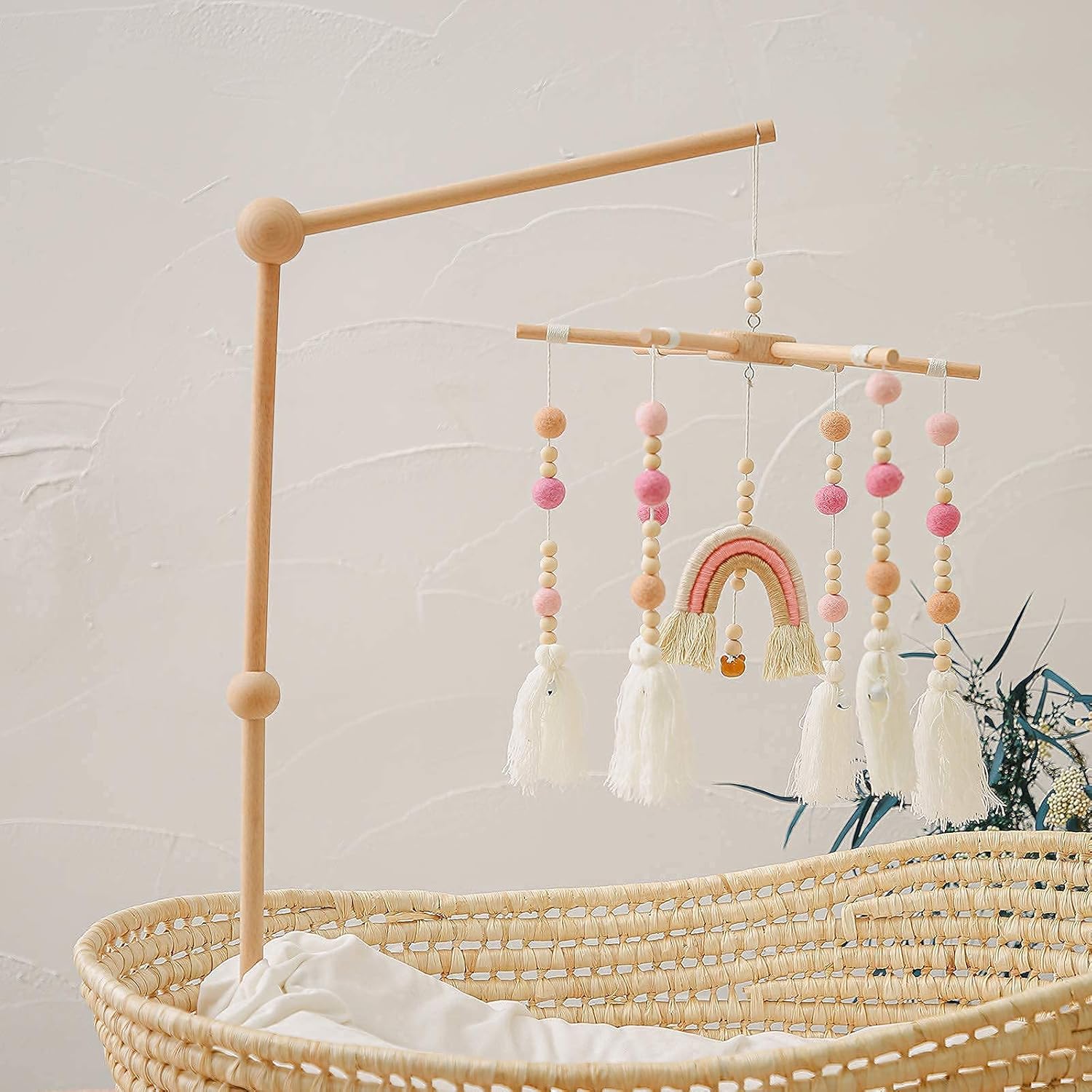 Baby 2In1 Set - Rainbow Mobile Crib Hanger,Baby Wooden Mobile Arm for Crib Baby Mobile Holder Bassinet Mobile for Crib Toy Mobile for Baby ( Pink )