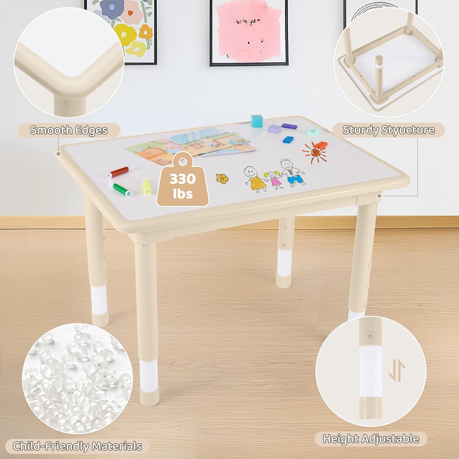 Kids Table and 2 Chairs Set, Height Adjustable (17.7"-26.1") Toddler Table and Chair Set, Multi-Activity Table with Graffiti Desktop, Children’s Table and Chairs for Classroom, Home & Daycare