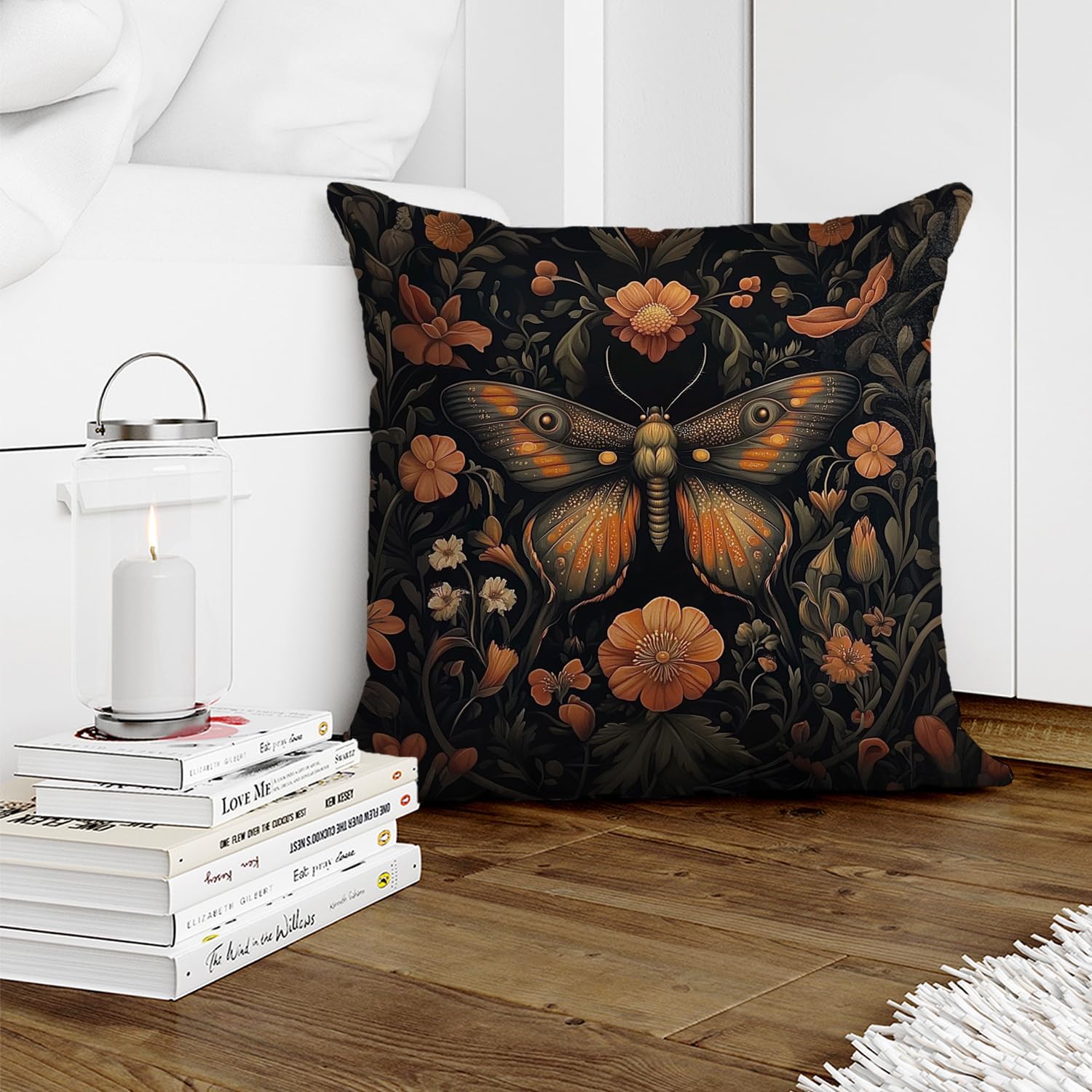 William Morris Abstract Vintage Floral Velvet Butterfly Design Throw Pillow Covers Home Decor, Retro Art Deco Pillowcase Cushion Cover for Bed Sofa Living Room, Square 18x18inch (Orange-Butterfly)