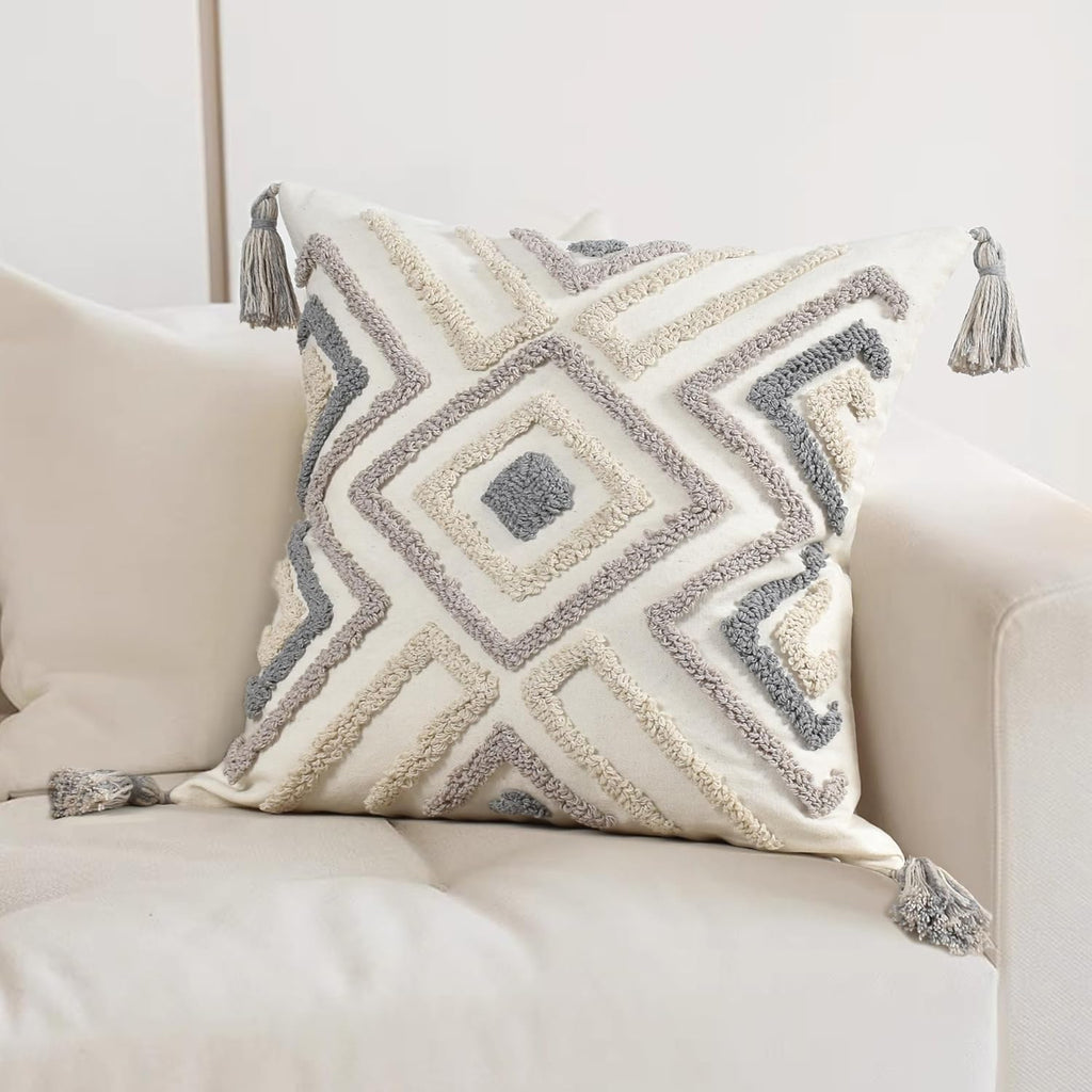 Boho Pillow Covers 18X18 Inch Boho Tufted Throw Pillow Covers Decorative Tassels Cushion Cover Farmhouse Pillow Case for Couch Sofa Bed Living Room Bedroom, Grey Netural