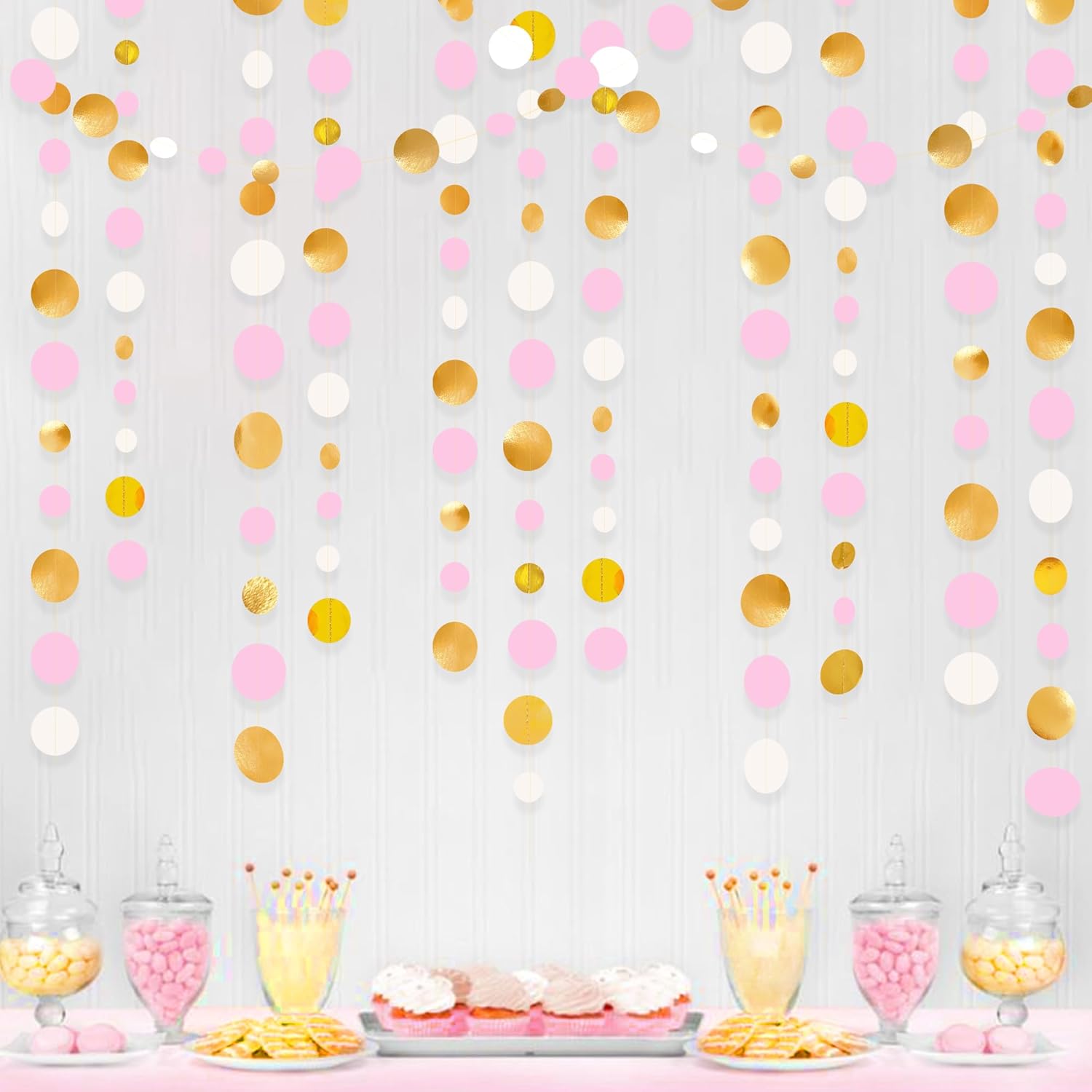 Gold and Pink Party Decorations Circle Dots Garland Metallic Gold Light Pink and White Hanging Polka Dot Streamer for Women Girl Birthday Baby Shower Bridal Shower Wedding Princess Party Supplies