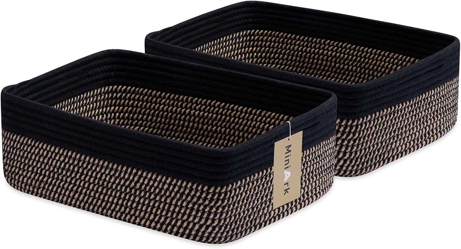 Large Shallow Organizing Baskets 15x11x5.1 Inches - Rope Woven Storage Bins for Bathroom, Shelves, Cube Closet, Black Woven Brown 2 Packs
