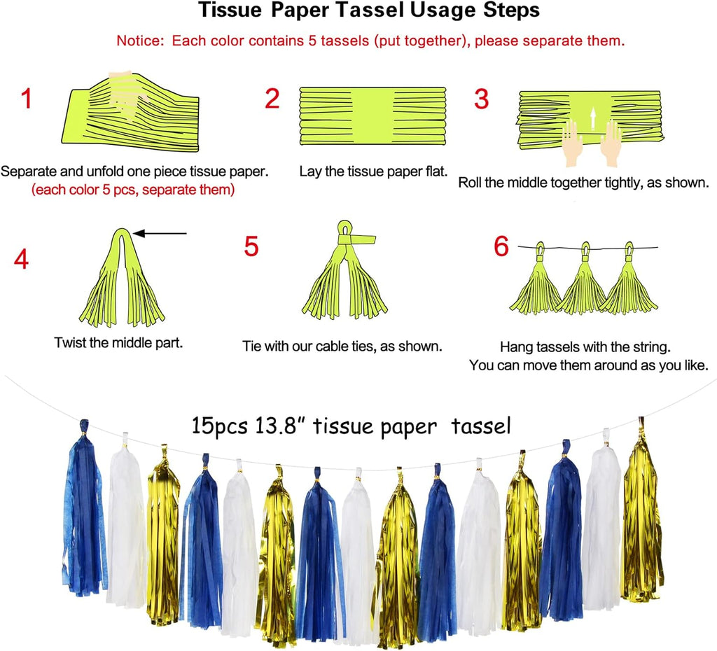 Navy-Blue White-Gold Tassel Garland Streamers- 15pcs Tissue Paper Tassels Banner Party Decorations Men Boy Birthday Graduation Bachelorette Engagement Backdrop Hanging Decor Panduola