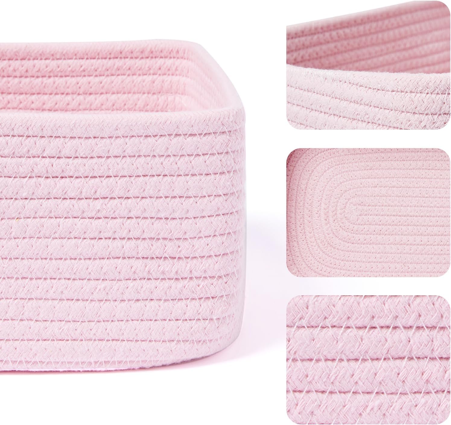 Small Storage Baskets for Organizing | Closet Organizer Bins | Shelf Toy Basket | Woven Rope Baskets | Cube Decorative Box | Shallow Basket | 11.5x7.5x4.7” | 3 Packs Pink