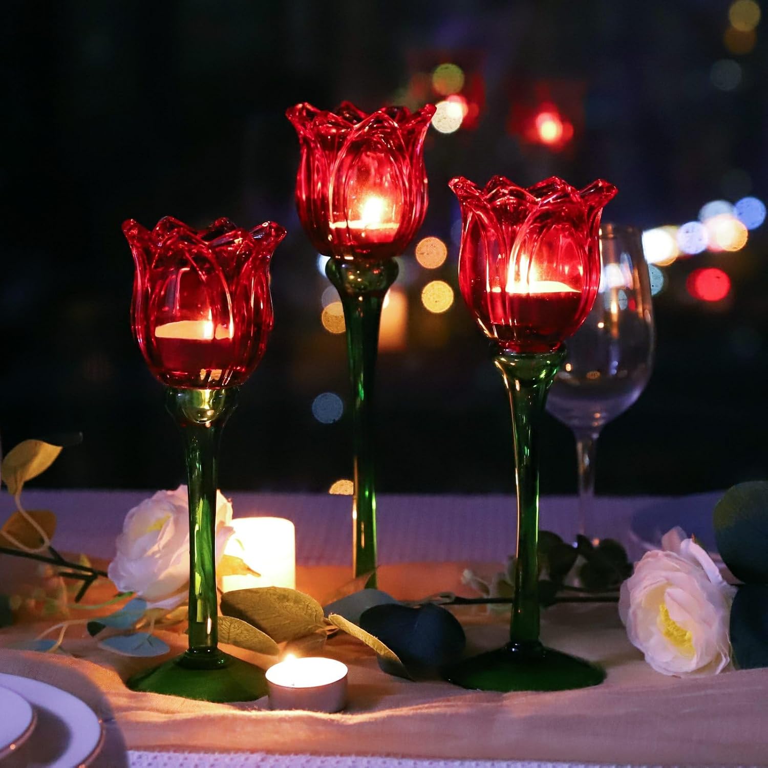 VOHO Red Tulips Candle Holders Gifts for Anniversary, Red Tealight Candle Holder for Christmas Holiday Valentines Decorations, Tulip Tea Light Candle Holders Glass Decor for Romance Tabletop(Set of3)