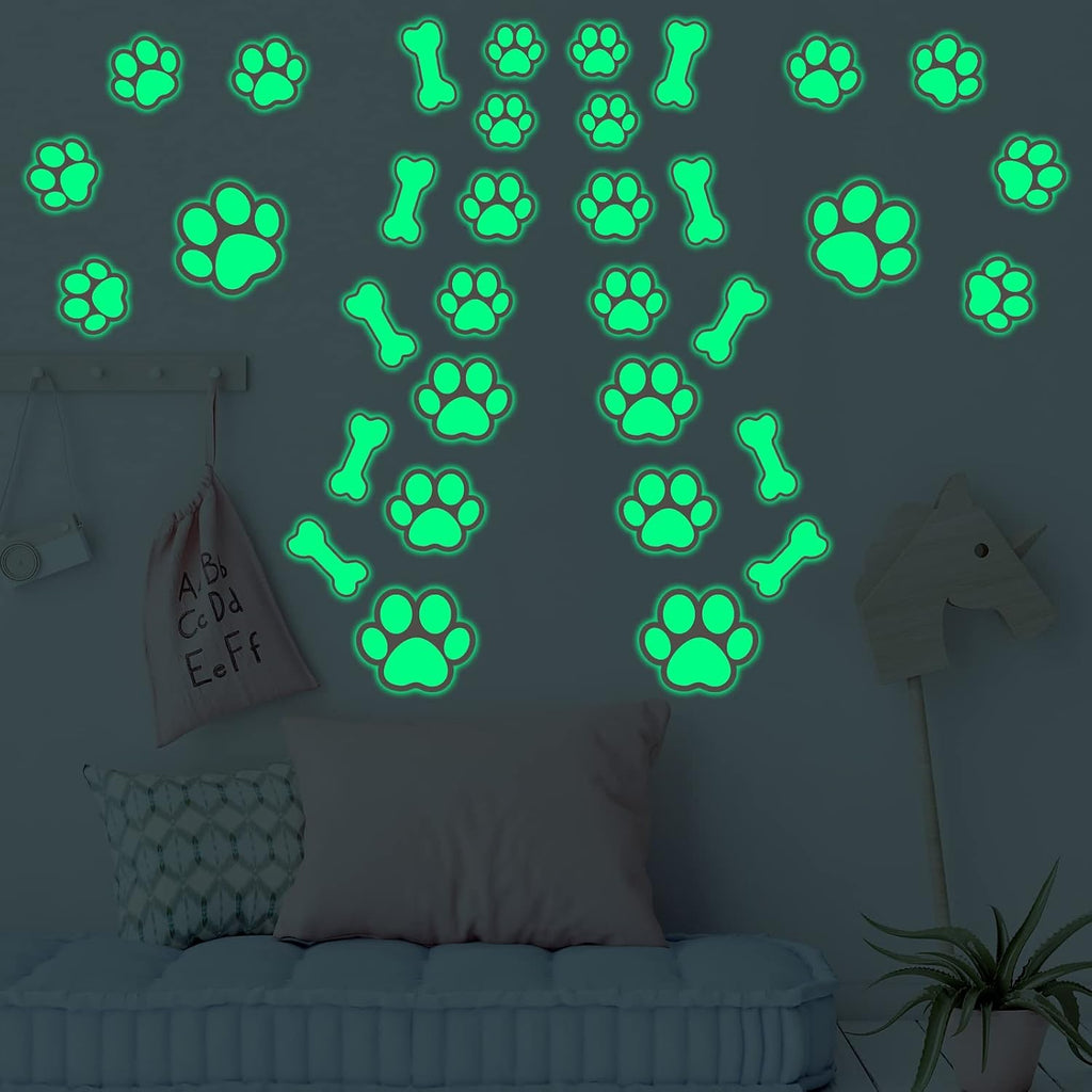 127 Glow in The Dark Dog Paw Stickers Luminous Removable Vinyl Wall Decals for Kids Nursery Bedroom(Green Light)