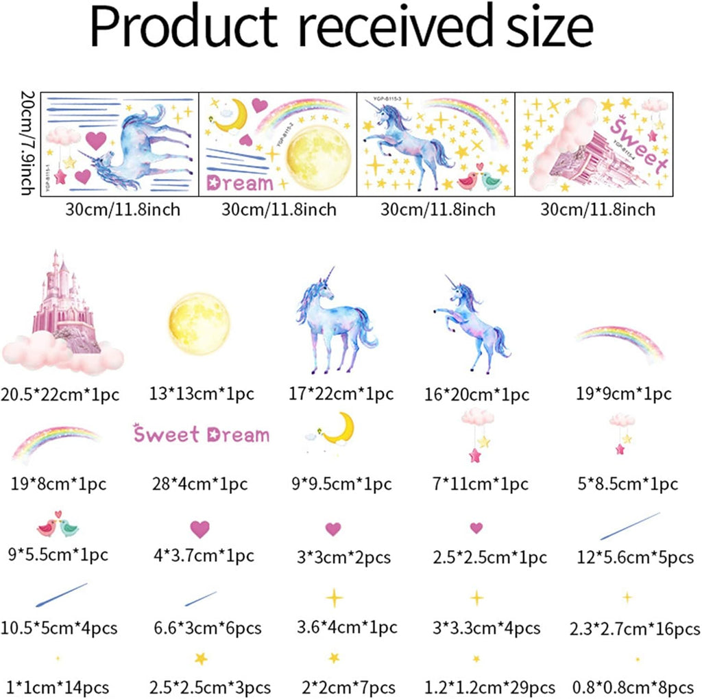 Glow in The Dark Unicorn Castle Wall Decals,Peel and Stick Colorful Unicorn Wall Stickers with Moon Stars Sweet Dream Wall Art for Girls Kids Bedroom Nursery Party Home Decor(Blu-ray)