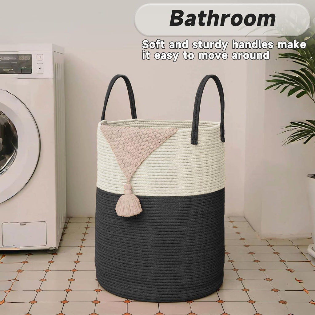Large Woven Laundry Basket Hamper,60L Cotton Rope Storage Bin for Blankets,Toys and Clothes,Decorative Tall Nursery Hamper for Living Room,Baby Nursery,Bathroom and Bedroom,White and Black