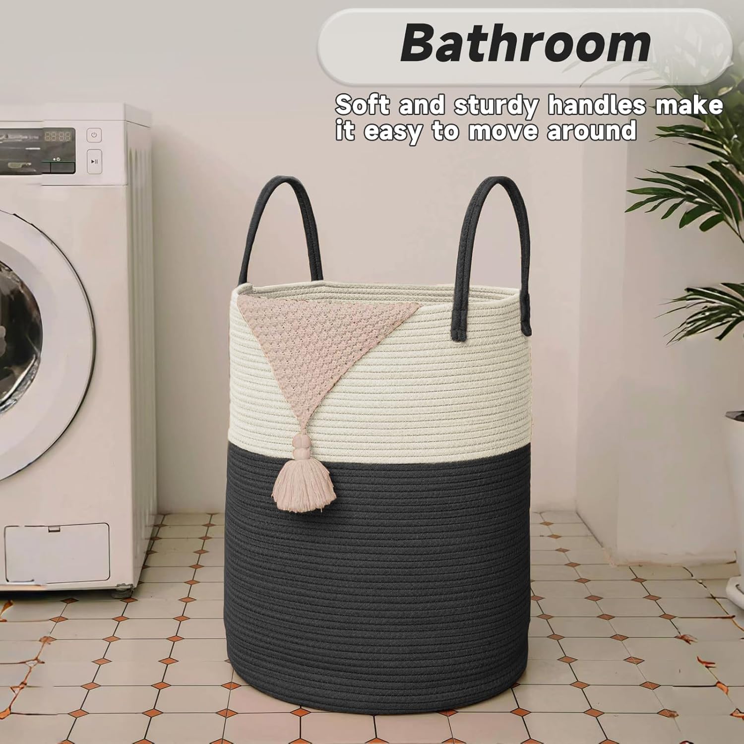 Large Woven Laundry Basket Hamper,80L Cotton Rope Storage Bin for Blankets,Toys and Clothes,Decorative Tall Nursery Hamper for Living Room,Baby Nursery,Bathroom and Bedroom,White and Black