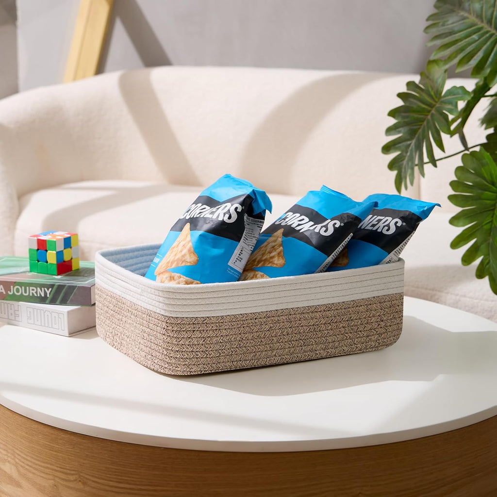 Large Shallow Organizing Baskets 15x11x5.1 Inches - Rope Woven Storage Bins for Bathroom, Shelves, Cube Closet, White Mixed Brown 2 Packs