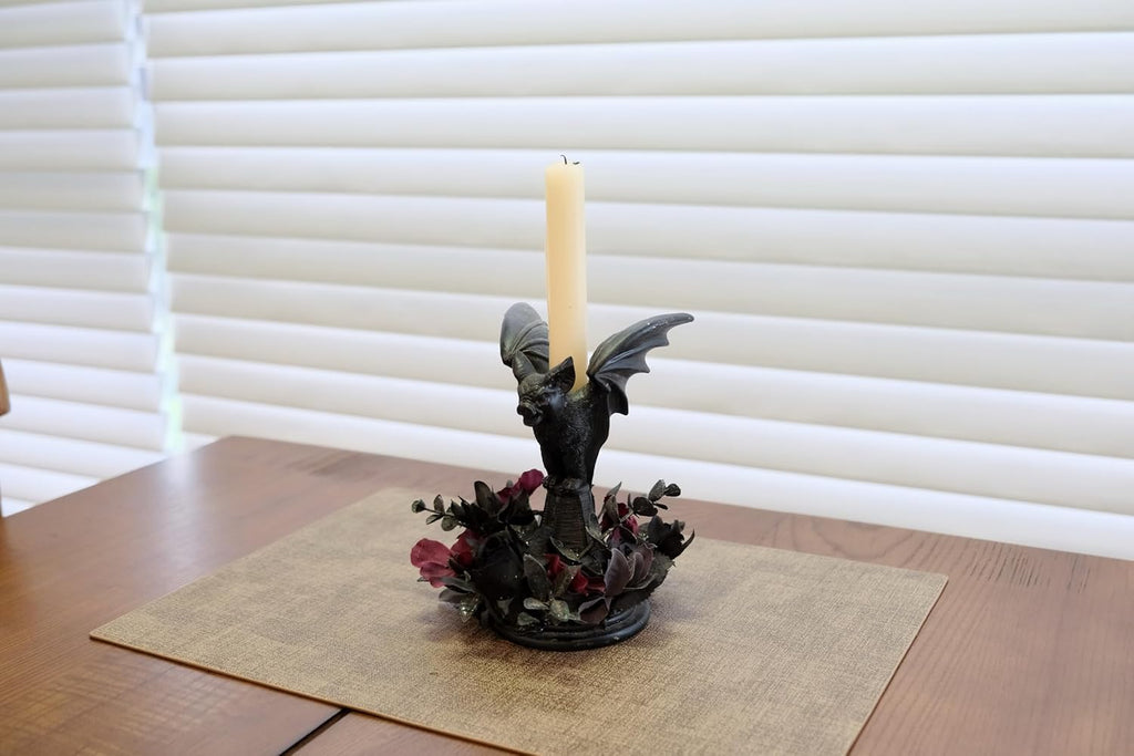 Bat Shaped Halloween Candle Holder, Black Resin Candlestick Holder with Black&Burgundy Artificial Flower, Gothic Halloween Decor for Coffee Table/Dining Table Centerpiece, 6" Height