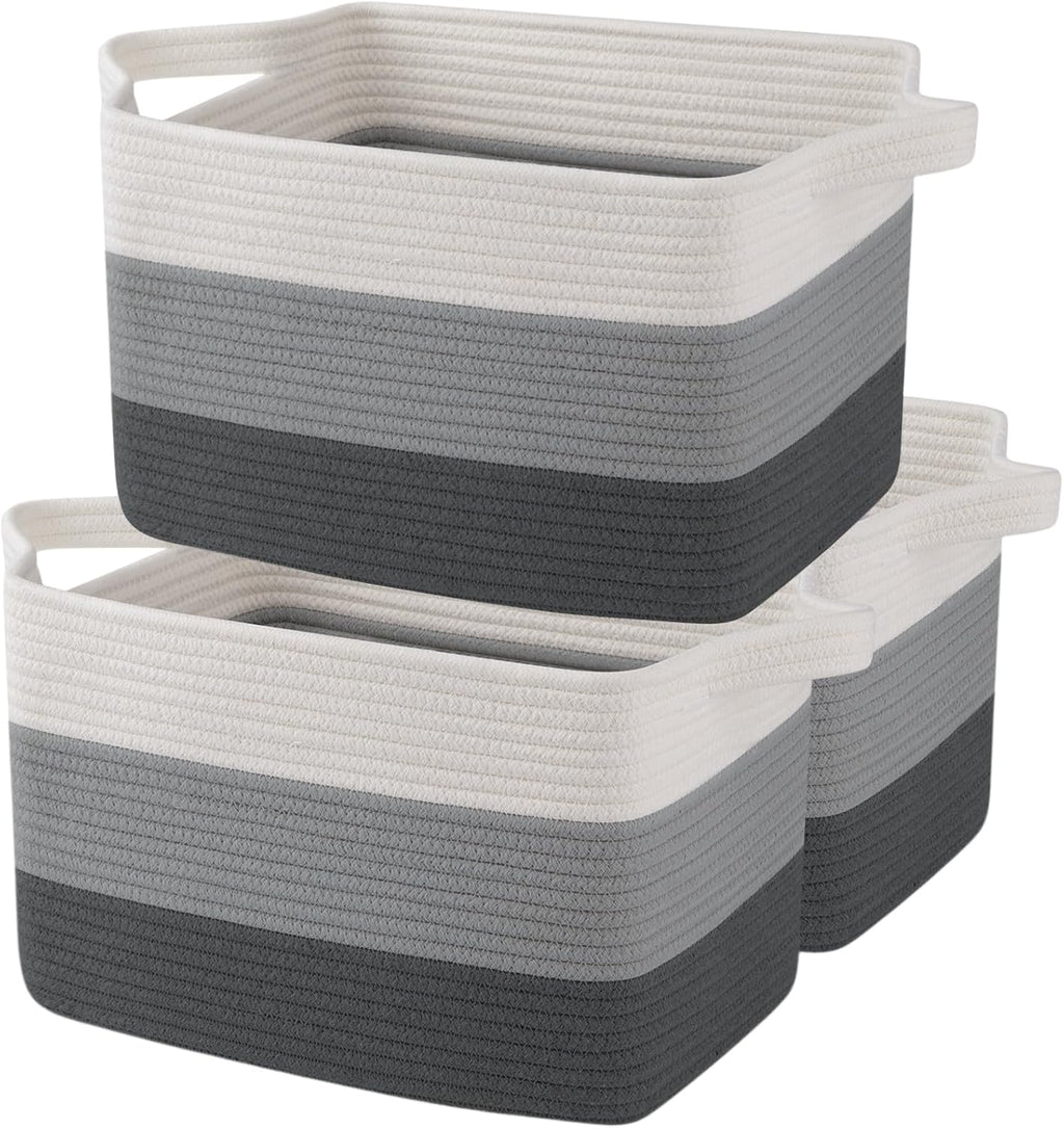 OIAHOMY Storage Basket, Woven Baskets for Storage, Cotton Rope Basket for toys,Towel Baskets for Bathroom - Pack of 3, Gradient Dark Gray