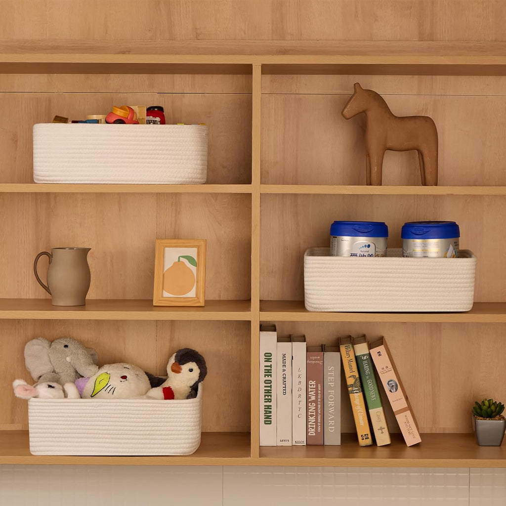 Large Shallow Organizing Baskets 15x11x5.1 Inches - Rope Woven Storage Bins for Bathroom, Shelves, Cube Closet, Off White 2 Packs