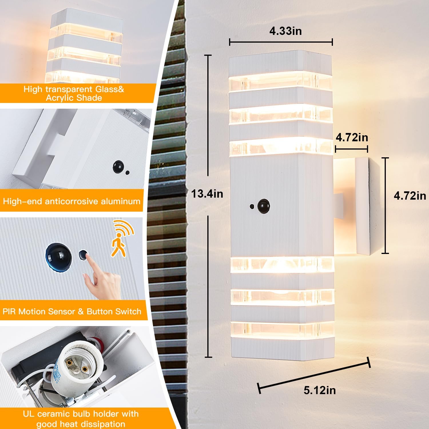 2 Pack Motion Sensor Outdoor Wall Lights with 4 Dimmable Bulbs, Modern White Dusk to Dawn Porch Sconces Waterproof Up Down Exterior Lighting Fixtures, Outside Coach Lamp for House Garage Front Door