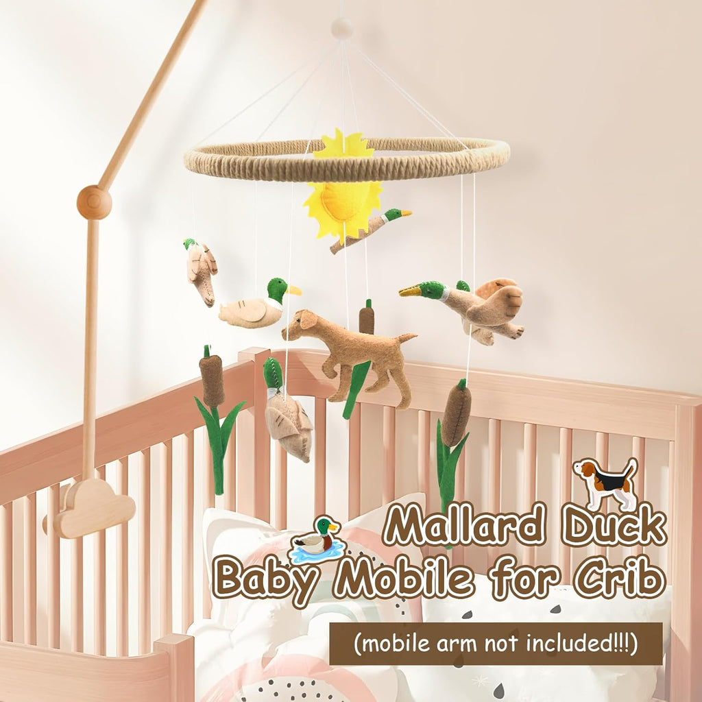 Baby Mobile for Crib Mallard Duck Baby Crib Mobile for Boys Girls Handmade Felt Dog Nursery Decor Duck Hunting Decor Infant Toddler Room Hanging for Bassinet Gender Neutral Newborn Gift