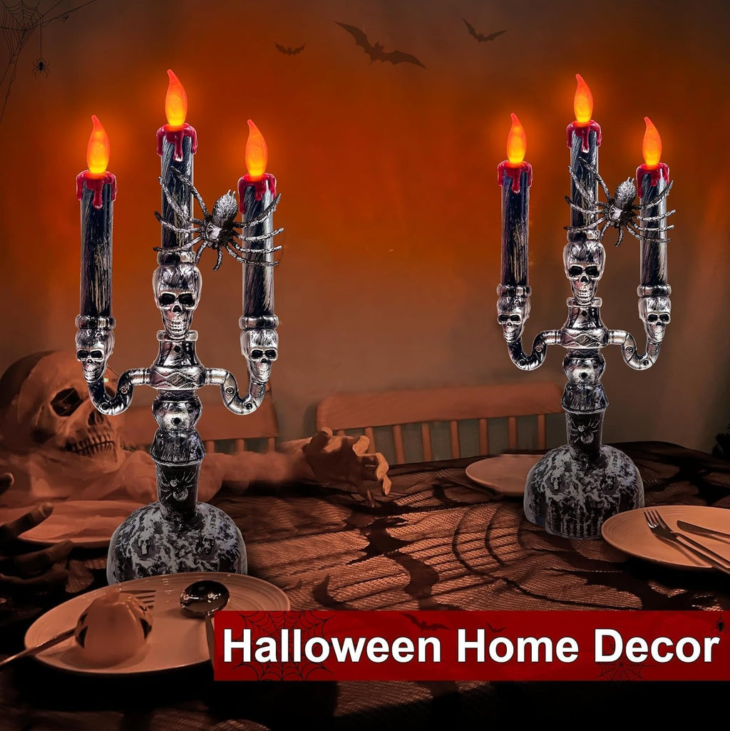 TURNMEON 2 Pack Halloween Candles Halloween Decorations LED Flame Less Candelabra 3-Flickering Lamp Light Up Battery Operated Candles Holder Spider Decor Indoor Table Home Haunted Party