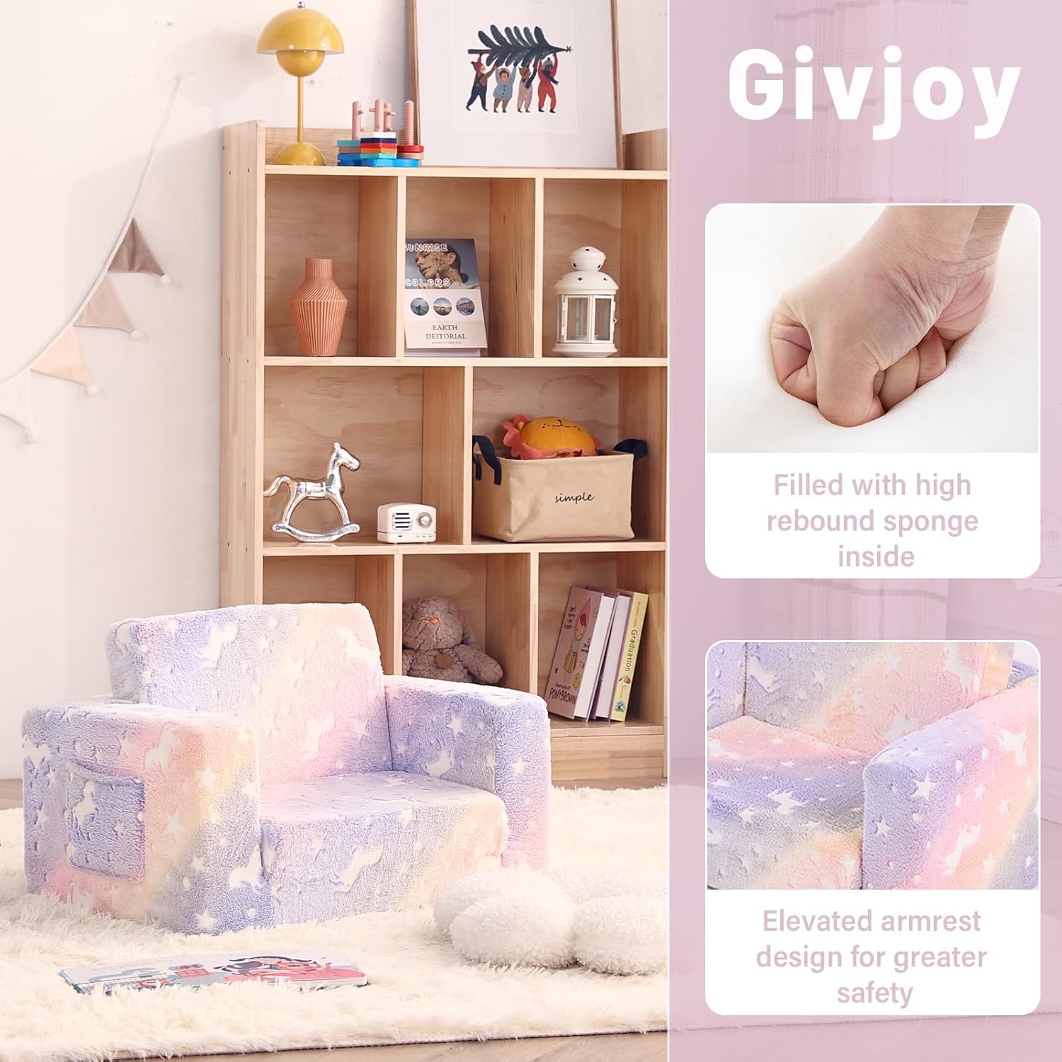 Toddler Chair Kids Couch, 2-in-1 Toddler Soft Sherpa Couch Fold Out Armchair with Removable Cover, Convertible Reading Chair Toddler Sofa for Kids, Glow in The Dark Purple Horse