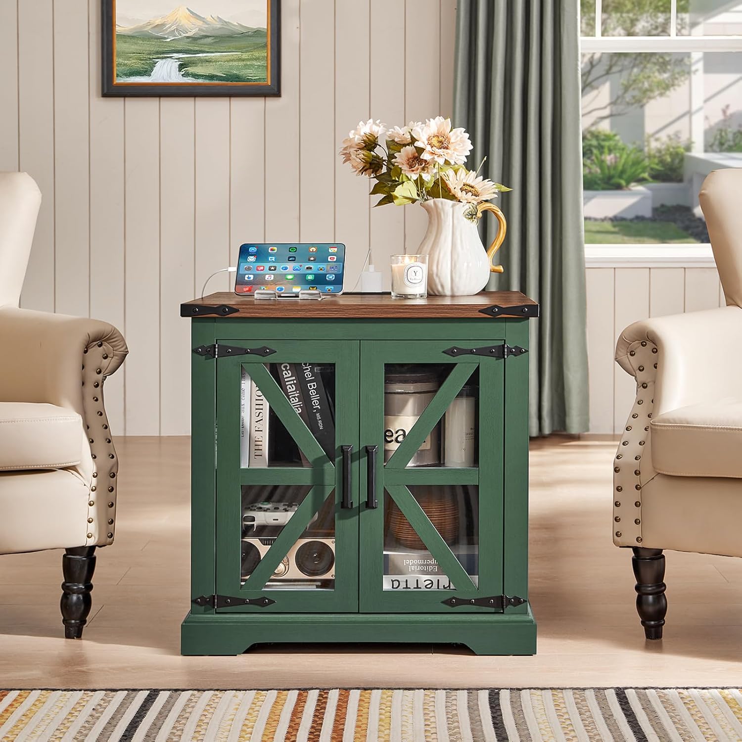 24" End Table with Charging Station, Farmhouse Night Stand with Glass Barn Door, Green Nightstands with Adjustable Storage Shelf, Large Wood Square Bed Side Table for Living Room, Bedroom