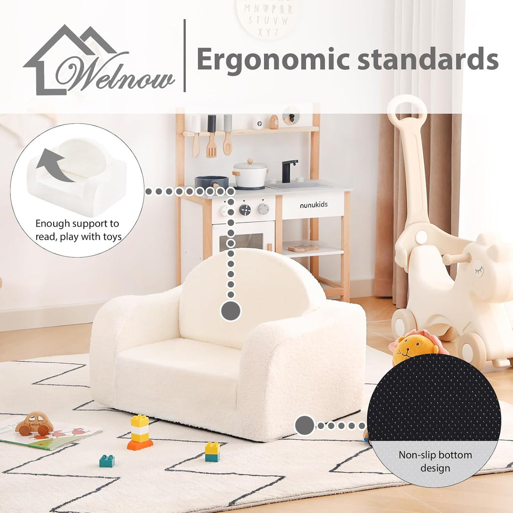 Welnow 2-in-1 Kids Sofa Chair, Convertible Toddler Chair Flip Out Children Sofa Chair with Wave Armrests Folding Kids Play Sofa with Side Pockets & Removable Cover Armchair for Girl or Boy