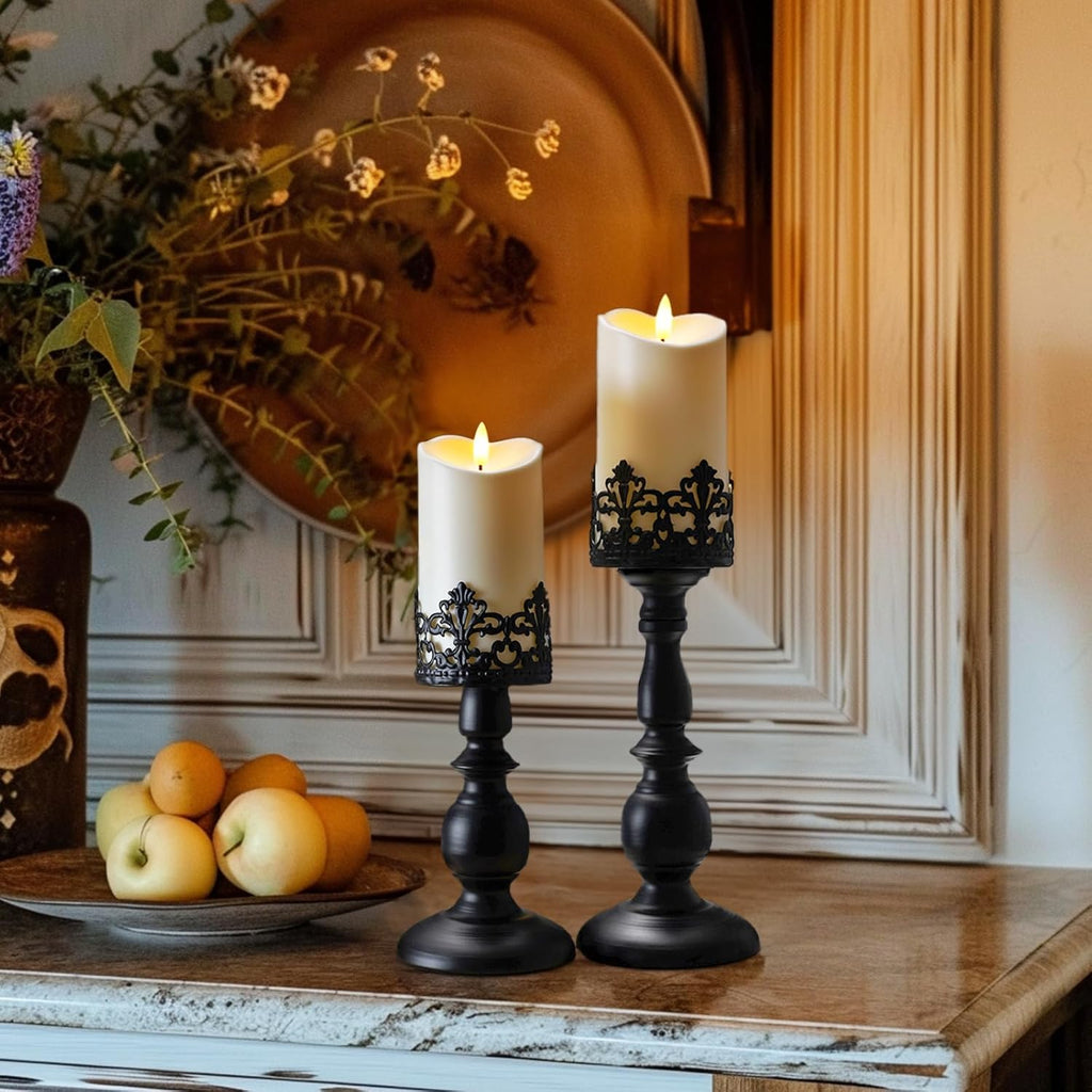 Homemory Black Halloween Candle Holders for Pillar Candles Set of 2, Gothic Vintage Candle Holders for Table Centerpiece, 11" 9" Tall Candle Stand Decorative for Dining Fireplace Living Room (Black)