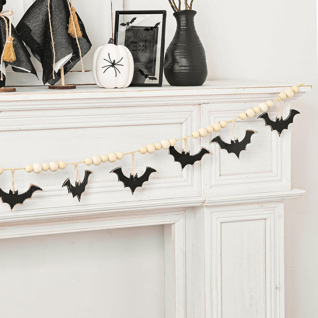 Halloween Garland, Farmhouse Wood Bats and Bead Garland for Halloween Decorations, Bat Banner for Wall Home Indoor Outdoor Black Halloween Decor Supplies