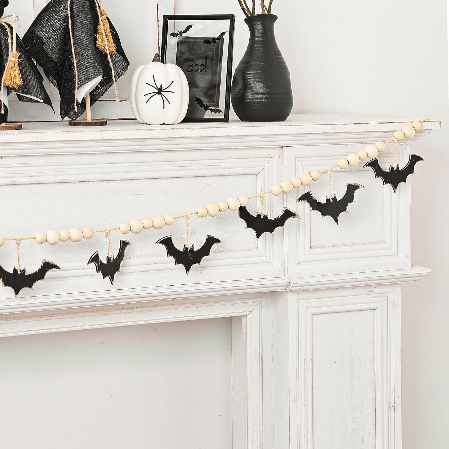 Halloween Garland, Farmhouse Wood Bats and Bead Garland for Halloween Decorations, Bat Banner for Wall Home Indoor Outdoor Black Halloween Decor Supplies