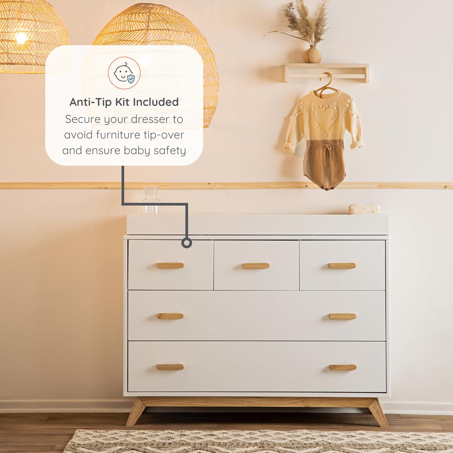 dadada Soho 5-Drawer Dresser for Nursery and Bedroom - Modern Design, Large Storage, Baby-Safe Finish, Soft Close Drawers, Anti-Tip Safety, Sturdy Legs & Solid Wood Handles, 47” Wide (White+Natural)