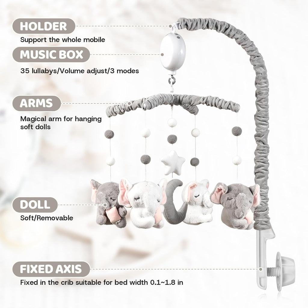 Baby Crib Mobile - Elephant Crib Mobile for Girls with 25 Inches Mobile Arm and 35 Lullabies Musical Box, 3 Modes Digital, Volume Control, Essential Gift for Infant Bedroom Hanging Decor