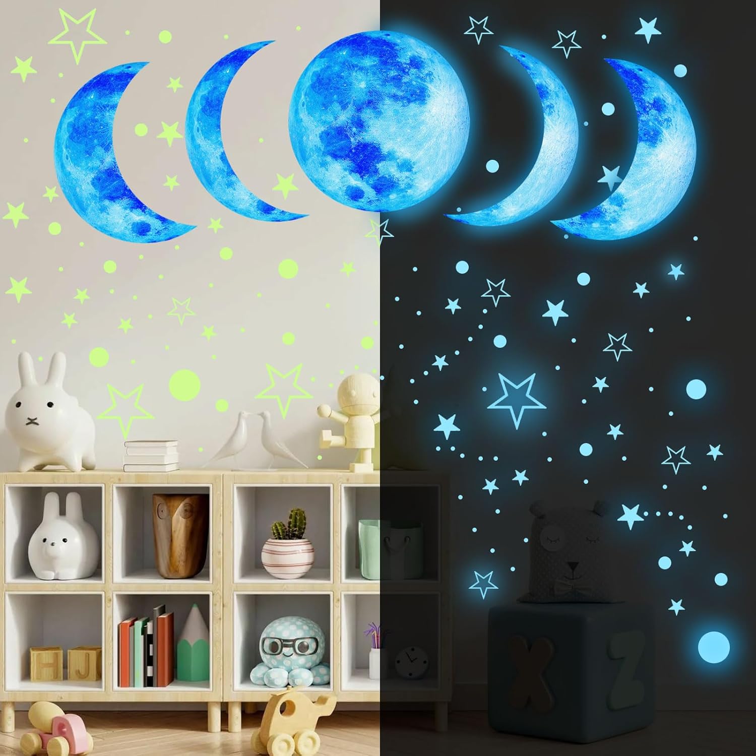 Glow in The Dark Starry Sky Moon and Stars Wall Decals,Glowing Galaxy Stars Space Planet Ceiling Wall Stickers for Boys Girls Bedroom Kids Baby Nursery Living Room Decoration