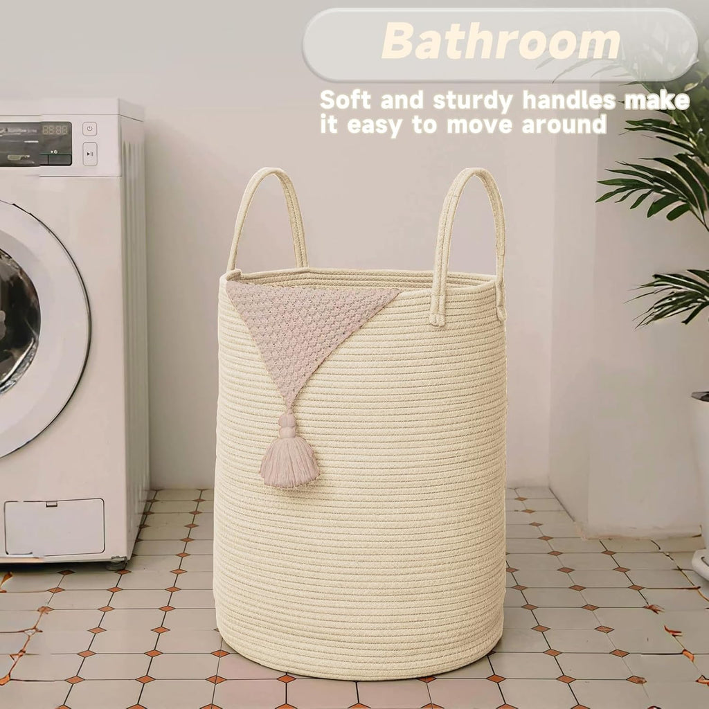 Large Woven Laundry Basket Hamper,80L Cotton Rope Storage Bin for Blankets,Toys and Clothes,Decorative Tall Nursery Hamper for Living Room,Baby Nursery,Bathroom and Bedroom,Beige
