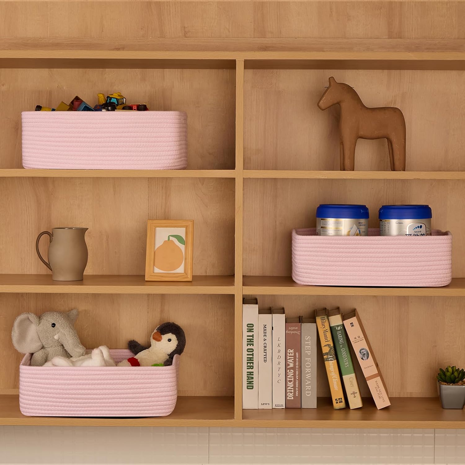 Large Shallow Organizing Baskets 15x11x5.1 Inches - Rope Woven Storage Bins for Bathroom, Shelves, Cube Closet, Light Pink 2 Packs