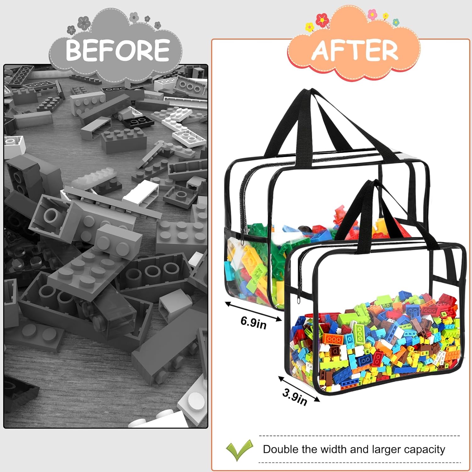 6 Packs Large Toy Storage Bags with Labels, Reusable Clear PVC Board Game Storage, Travel Waterproof Organizer Bags with Zipper for Building Blocks, Puzzle, Kids Books(3 large & 3 Extra Large)