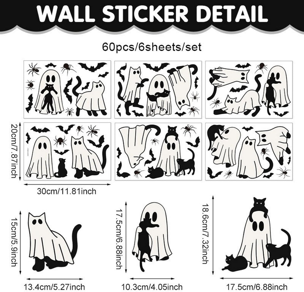 Halloween Ghost Window Clings for Glass 6 Sheets Cute Window Decals Spooky Window Stickers Cat Spider Reusable Windows Cling for Halloween Fall Party Home School Office Glass Supplies Decorations