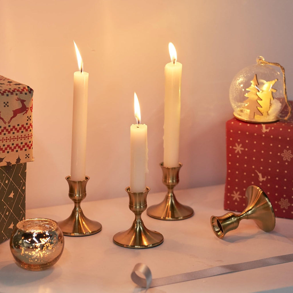 Gold Taper Candle Holder, Brass Candlestick Holders, Vintage Metal for Table Centerpieces Wedding Christmas Decor (Gold, 4 Pcs)