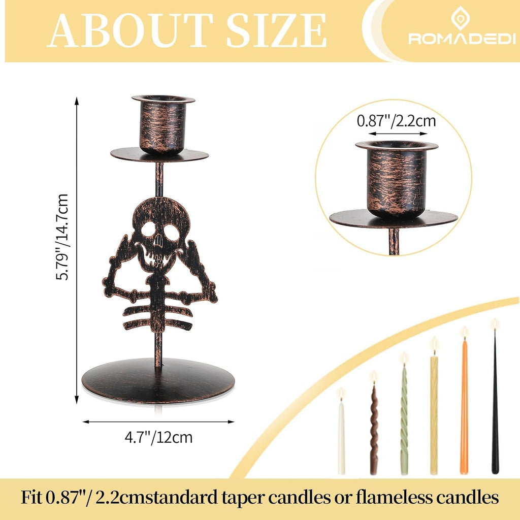 Romadedi Candle Holder for Halloween Decor: Set of 2 Black Gothic Skull Taper Candlestick Table Centerpiece Decorations Spooky Party Dinning Room Home Indoor