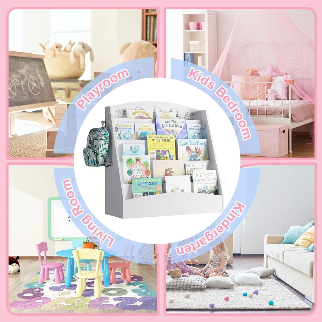 5-Tier Kids Bookshelf Montessori Toddler Book Rack Baby Bookcase Floor Front Facing Magazine Display Shelf for Bedroom Playroom Nursery Classroom Kindergarten Wood (White)