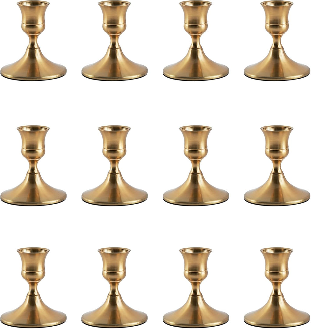 Gold Taper Candle Holder, Brass Candlestick Holders, Vintage Metal for Table Centerpieces Wedding Christmas Decor (Gold, 12 Pcs)