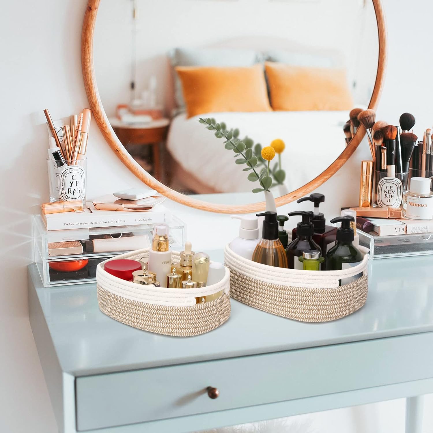 7 Piece Cotton Rope Woven Basket Set - Small Basket for Baby Nursery, Pets, Montessori, Dog & Cat Toy Boxes, Bathroom Organization Bins (White/Brown)