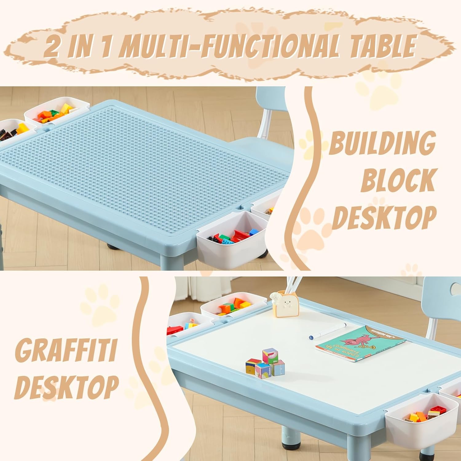 Multi Functional Kids Table and 2 Chairs Set, Graffiti & Building Blocks Double-Sided Tabletop, Toddler Play Table with Drawers, Large Storage Space, Gift for Boys/Girls, Blue