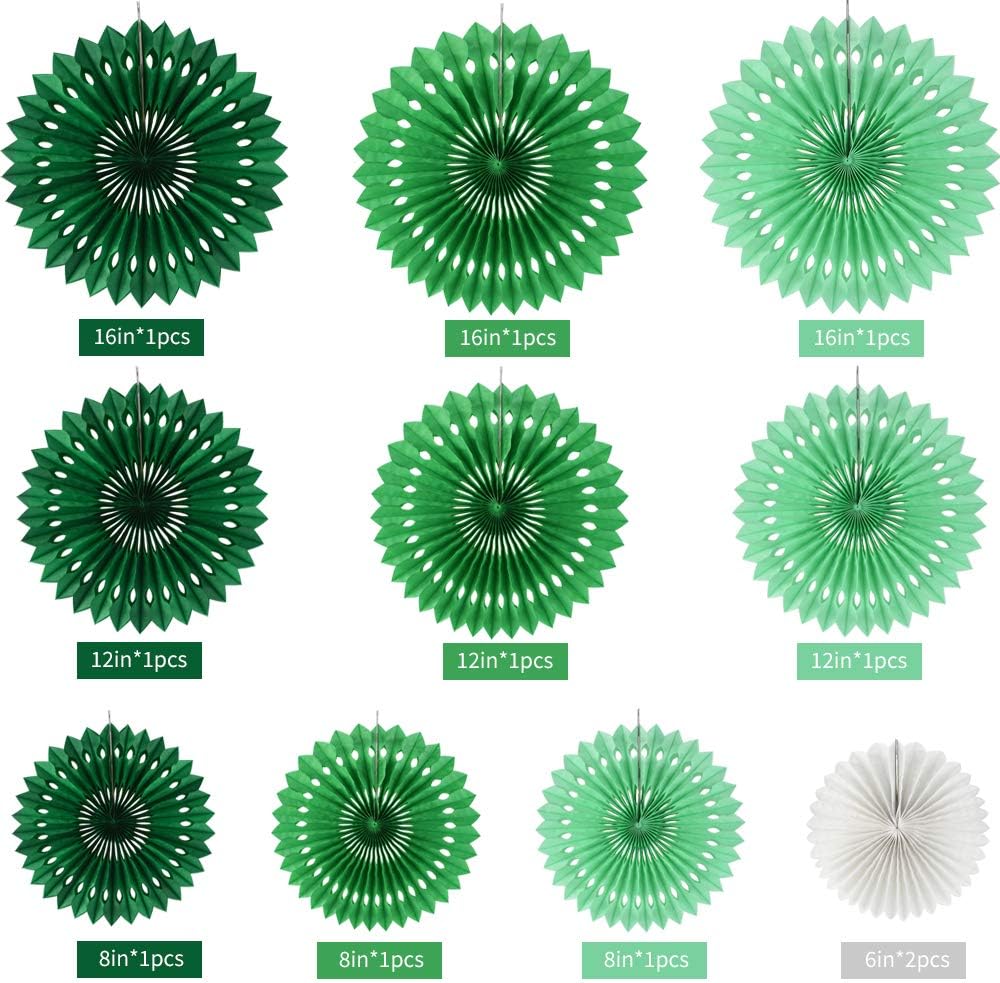 BEISHIDA Green White Party Decoration Hanging Honeycomb Round Paper Fans Kit for Theme Birthday Baby Shower Summer Forest Patrick's Irish Backdrop Party Supplies（11packs）