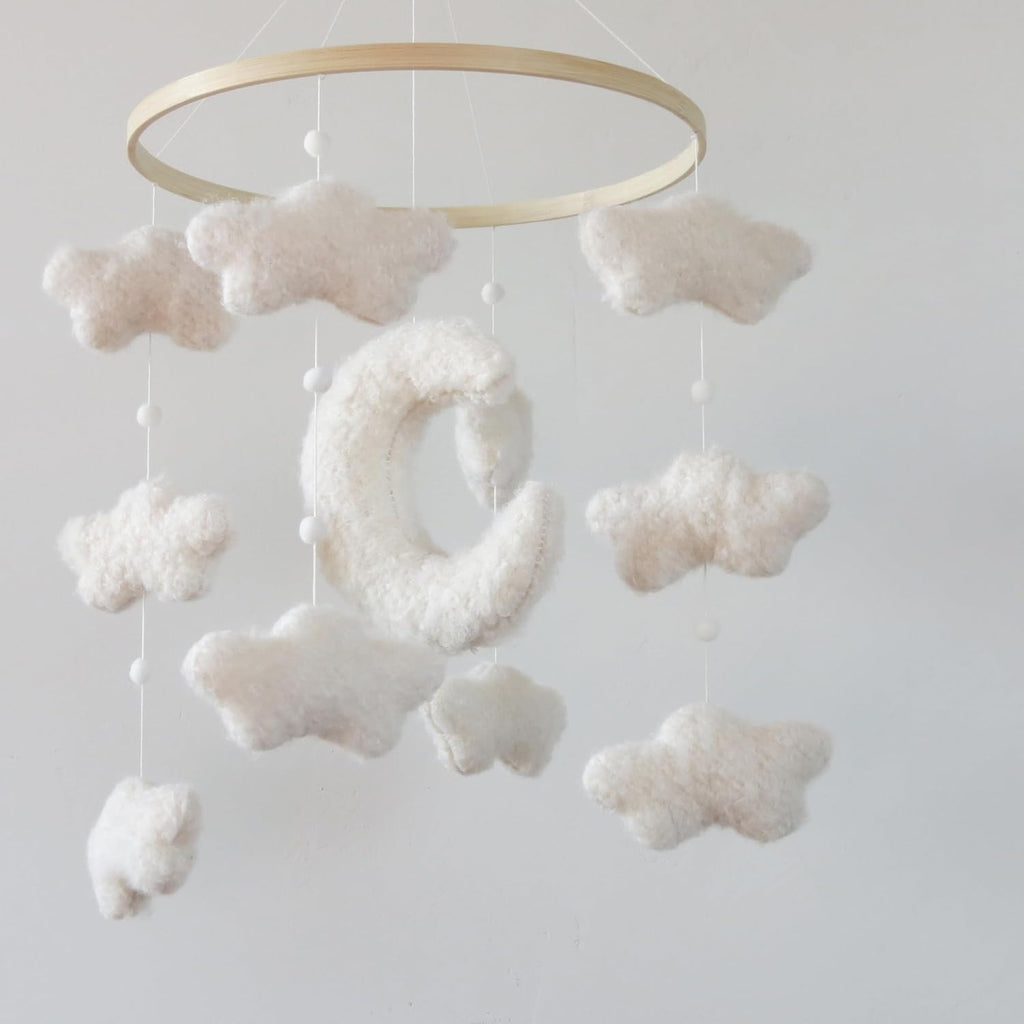 Boucle Cloud Moon Crib Mobile Boho Baby Mobile for Crib Neutral Nursery Mobile for Boys & Girls