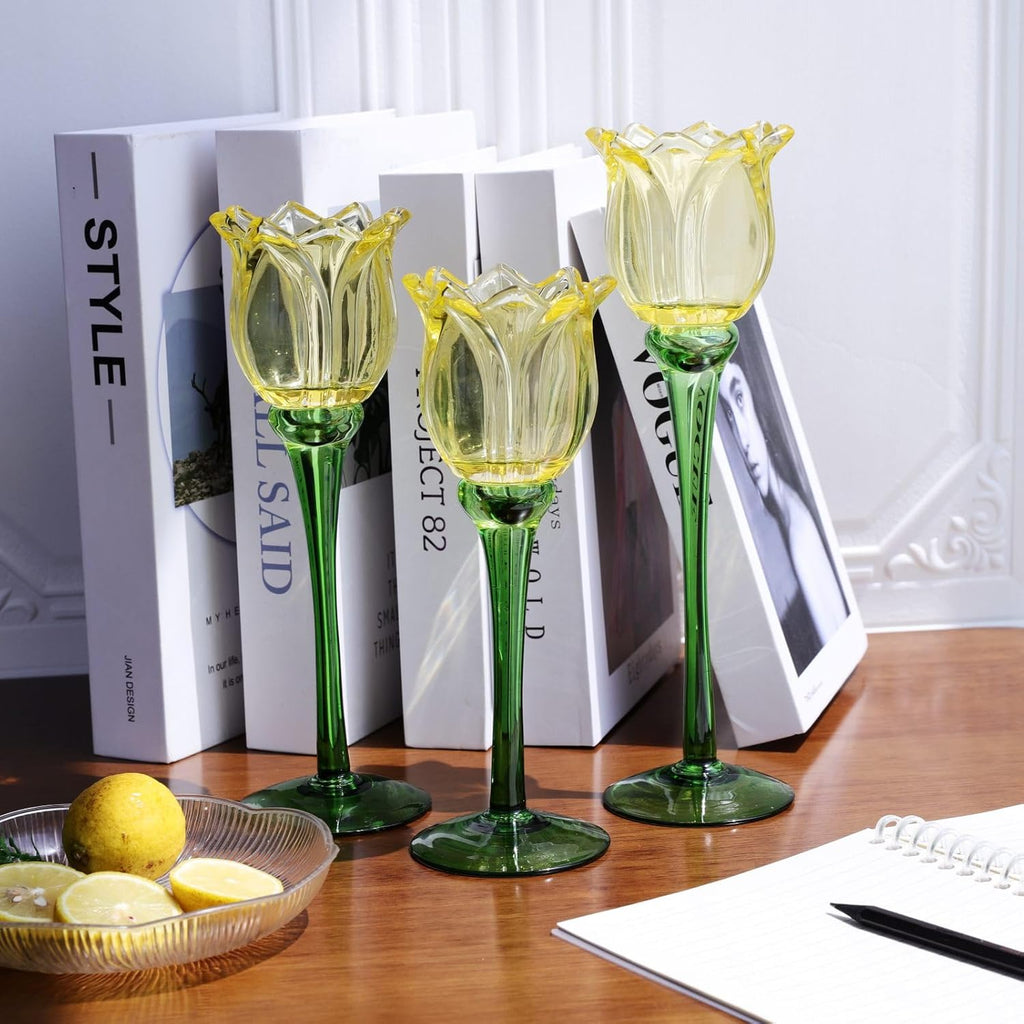 VOHO Yellow Tulips Candle Holders for Modern Home Decor, Bright Yellow Tealight Candle Holder Birthday Gifts for Women Friends, Tulip-like Tea Lights Candle Holder for Party Table Centerpiece(Set of3)