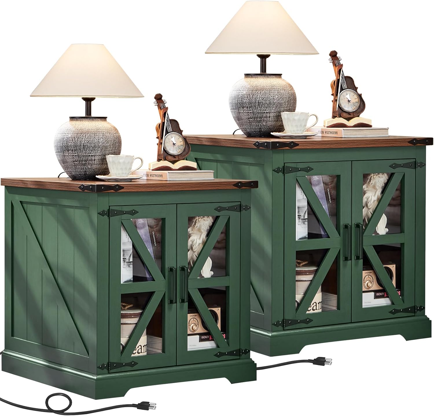 24" End Table Set of 2 with Charging Station, Farmhouse Night Stand with Glass Barn Door, Nightstands with Adjustable Storage Shelf, Large Wood Square Bed Side Table for Living Room, Bedroom