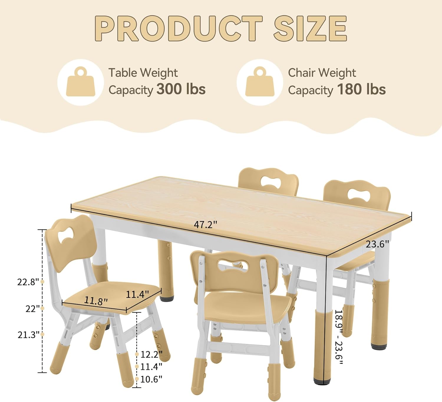 Kids Study Table and Chairs Set, Height Adjustable Toddler Table and Chair Set for Kids Ages 3-8, Graffiti Desktop (Wooden Brown)