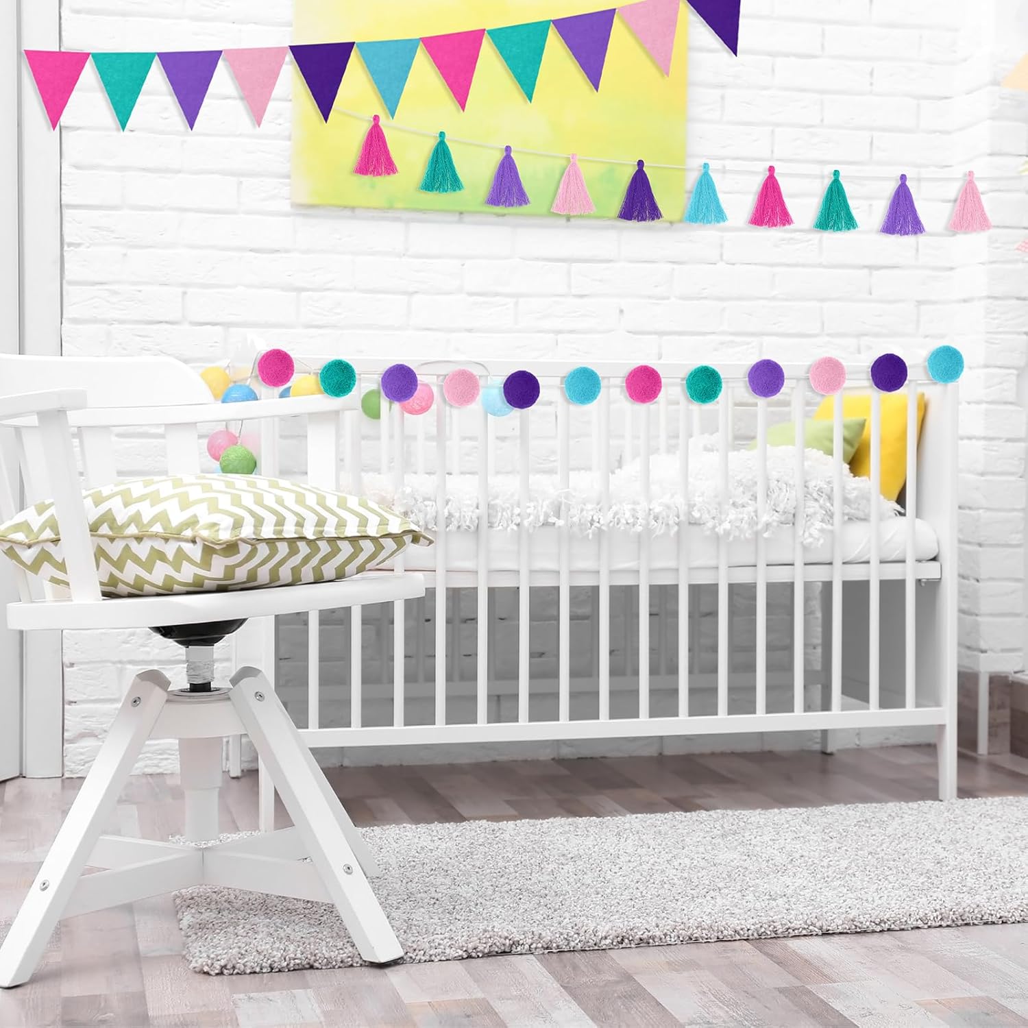 Irenare 9.8 ft Pom Pom Garland Felt Colorful Tassel Banner Christmas Party Pompoms Garland Decorations Felt Pennant Banner for Classroom Home Mantel Fireplace Birthday(Mermaid Colors)